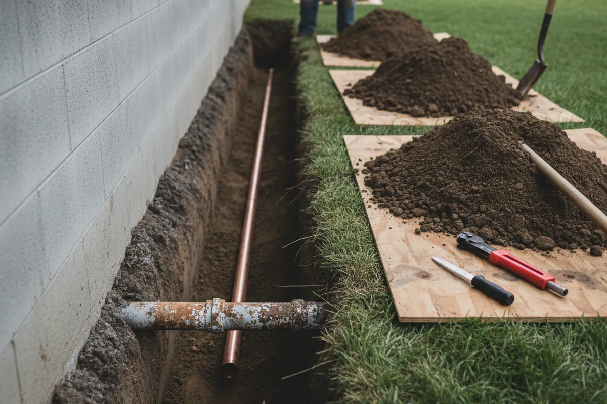 Excavated water line trench during Water Softener Installation in Gause